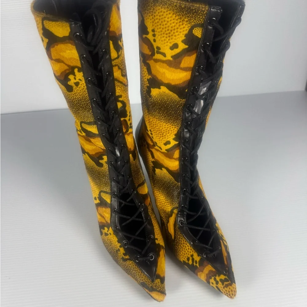 Azalea Wang Oliver’s Yellow & Black Lace Up Stiletto Size 7 Statement Heels - Picture 5 of 9